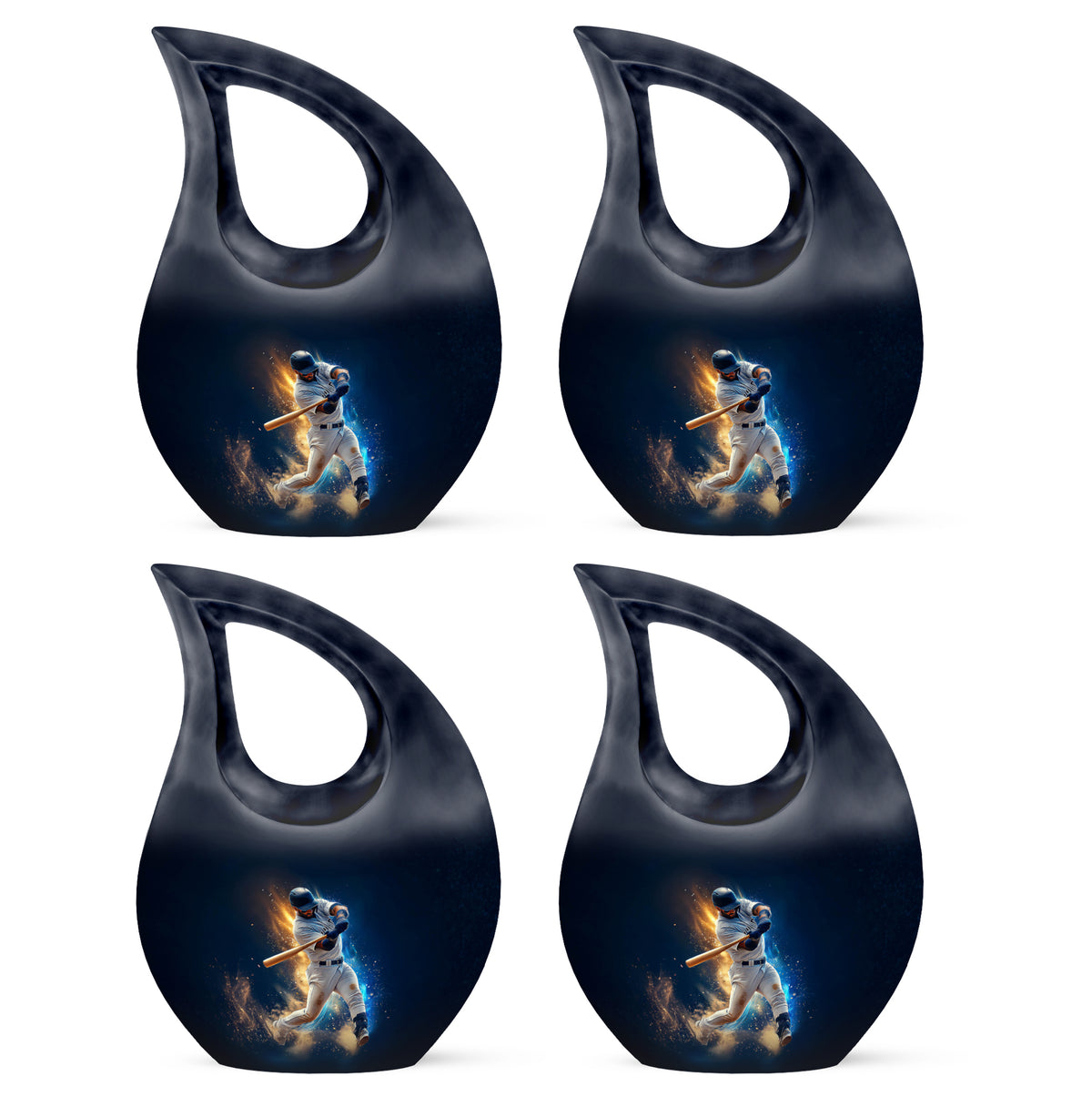Vivid Blue Baseball Cremation Urn lifestyle display on memorial shelf - devotional cross-drop baseball engraving - 10 inch aluminum urn for cremated remains