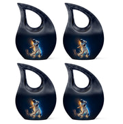 Vivid Blue Baseball Cremation Urn lifestyle display on memorial shelf - devotional cross-drop baseball engraving - 10 inch aluminum urn for cremated remains
