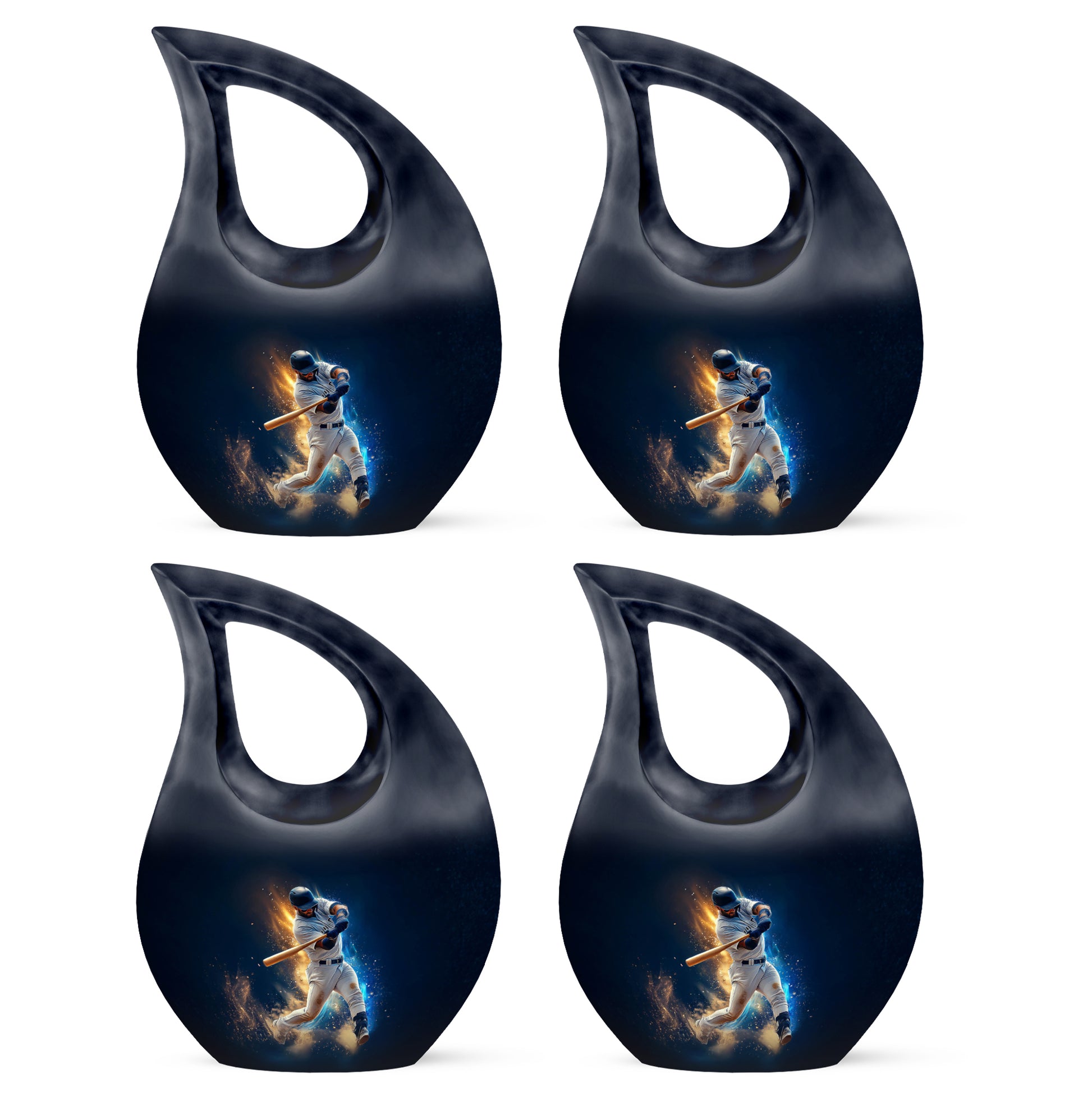 Vivid Blue Baseball Cremation Urn lifestyle display on memorial shelf - devotional cross-drop baseball engraving - 10 inch aluminum urn for cremated remains