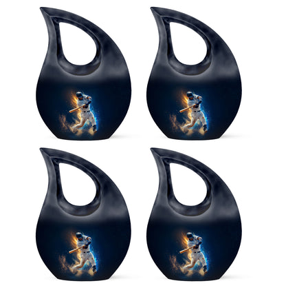 Vivid Blue Baseball Cremation Urn lifestyle display on memorial shelf - devotional cross-drop baseball engraving - 10 inch aluminum urn for cremated remains