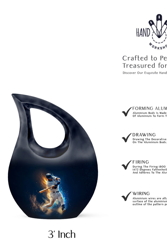 Slate Blue Baseball Cremation Urn back view with polished surface - cross and baseball combined in spiritual memorial design - mini keepsake memorial for portion of cremation ashes