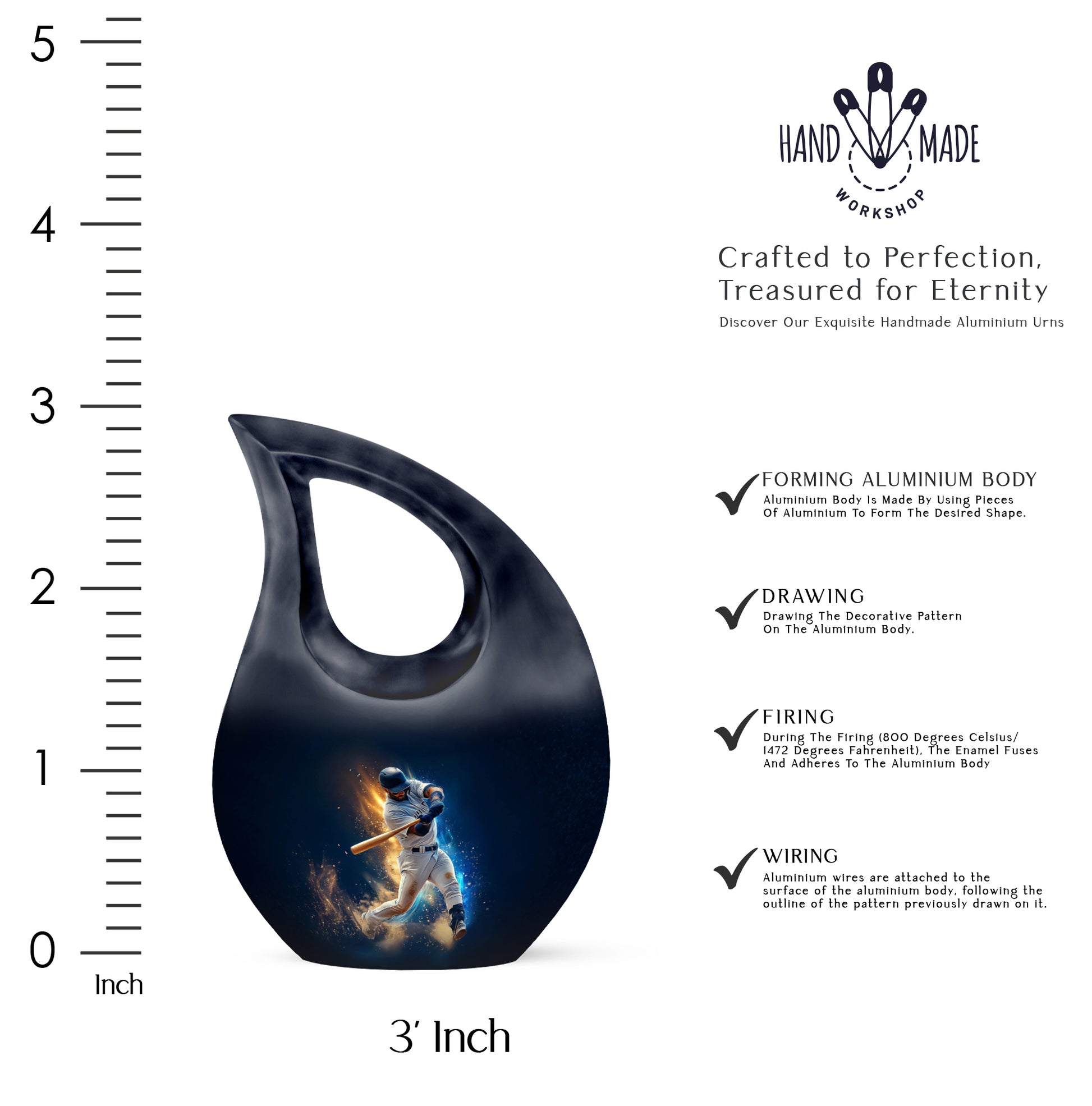 Slate Blue Baseball Cremation Urn back view with polished surface - cross and baseball combined in spiritual memorial design - mini keepsake memorial for portion of cremation ashes