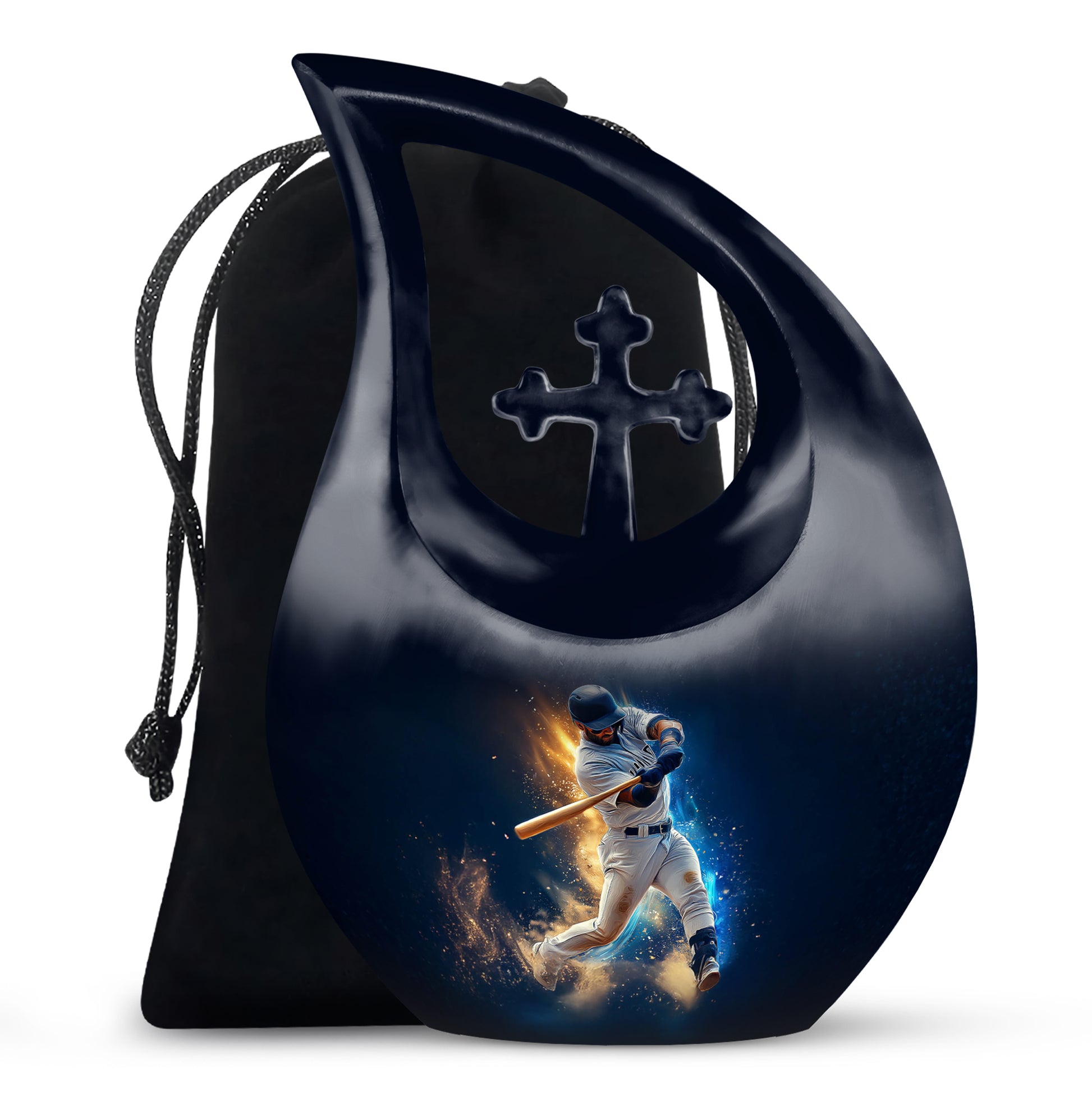 Powder Blue Baseball Cremation Urn top-down view of secure threaded lid - sacred cross merged with baseball motif on metal - full-size 10 inch 200 cubic inch adult cremation urn