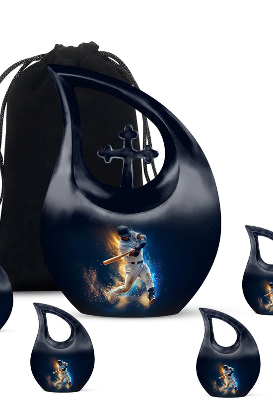 Sky Blue Baseball Cremation Urn urn with complimentary velvet bag - sacred cross merged with baseball motif on metal - memorial set with one large and four small urns