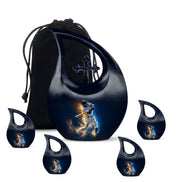 Sky Blue Baseball Cremation Urn urn with complimentary velvet bag - sacred cross merged with baseball motif on metal - memorial set with one large and four small urns