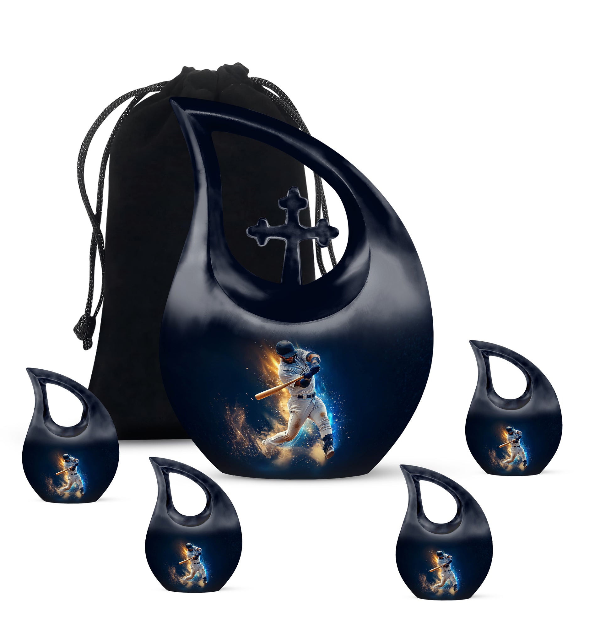 Sky Blue Baseball Cremation Urn urn with complimentary velvet bag - sacred cross merged with baseball motif on metal - memorial set with one large and four small urns
