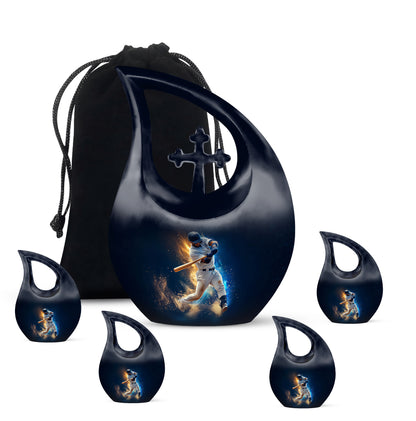 Sky Blue Baseball Cremation Urn urn with complimentary velvet bag - sacred cross merged with baseball motif on metal - memorial set with one large and four small urns