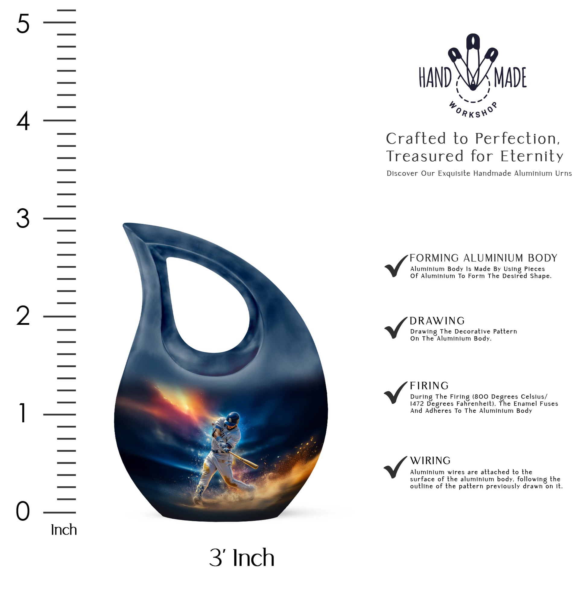 Sky Blue Baseball Cremation Urn back view with polished surface - cross and baseball combined in spiritual memorial design - mini keepsake memorial for portion of cremation ashes