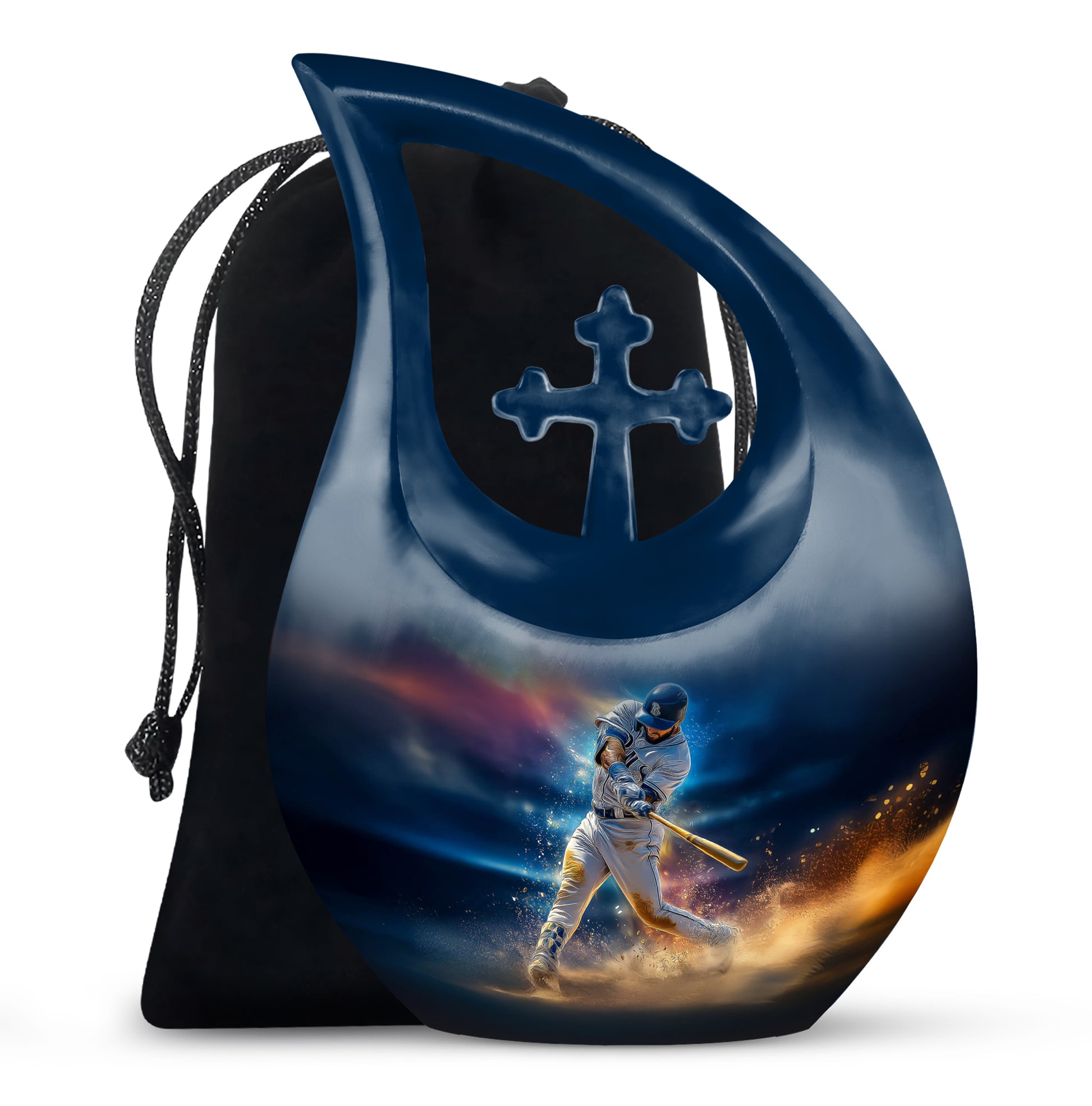 Sapphire Blue Baseball Cremation Urn top-down view of secure threaded lid - devotional cross-drop baseball engraving - full-size 10 inch 200 cubic inch adult cremation urn