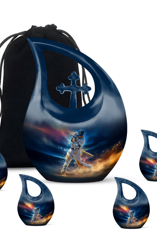Powder Blue Baseball Cremation Urn urn with complimentary velvet bag - sacred cross merged with baseball motif on metal - memorial set with one large and four small urns