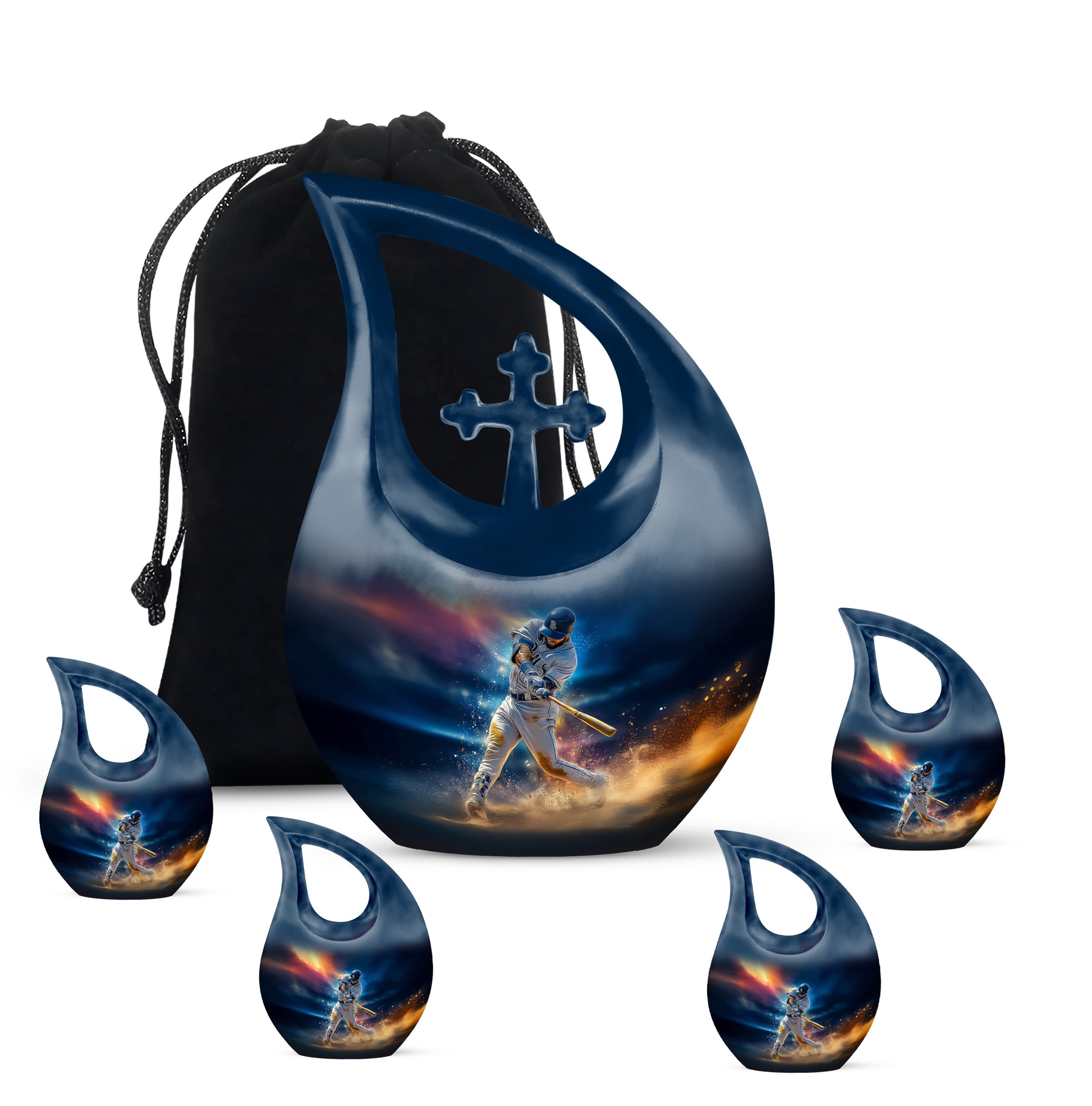 Powder Blue Baseball Cremation Urn urn with complimentary velvet bag - sacred cross merged with baseball motif on metal - memorial set with one large and four small urns