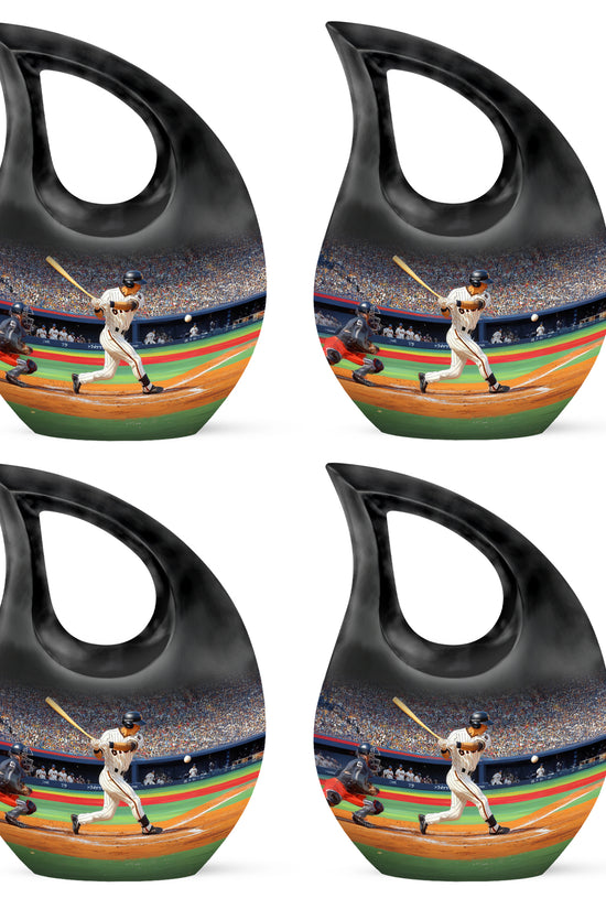 Onyx Black Baseball Cremation Urn lifestyle display on memorial shelf - faith-inspired cross-drop urn with baseball pattern - 10 inch aluminum urn for cremated remains