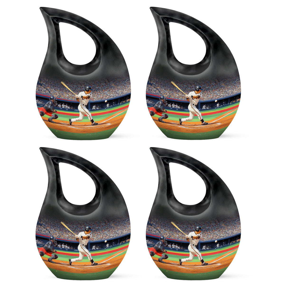 Onyx Black Baseball Cremation Urn lifestyle display on memorial shelf - faith-inspired cross-drop urn with baseball pattern - 10 inch aluminum urn for cremated remains