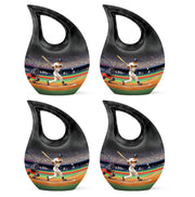 Onyx Black Baseball Cremation Urn lifestyle display on memorial shelf - faith-inspired cross-drop urn with baseball pattern - 10 inch aluminum urn for cremated remains