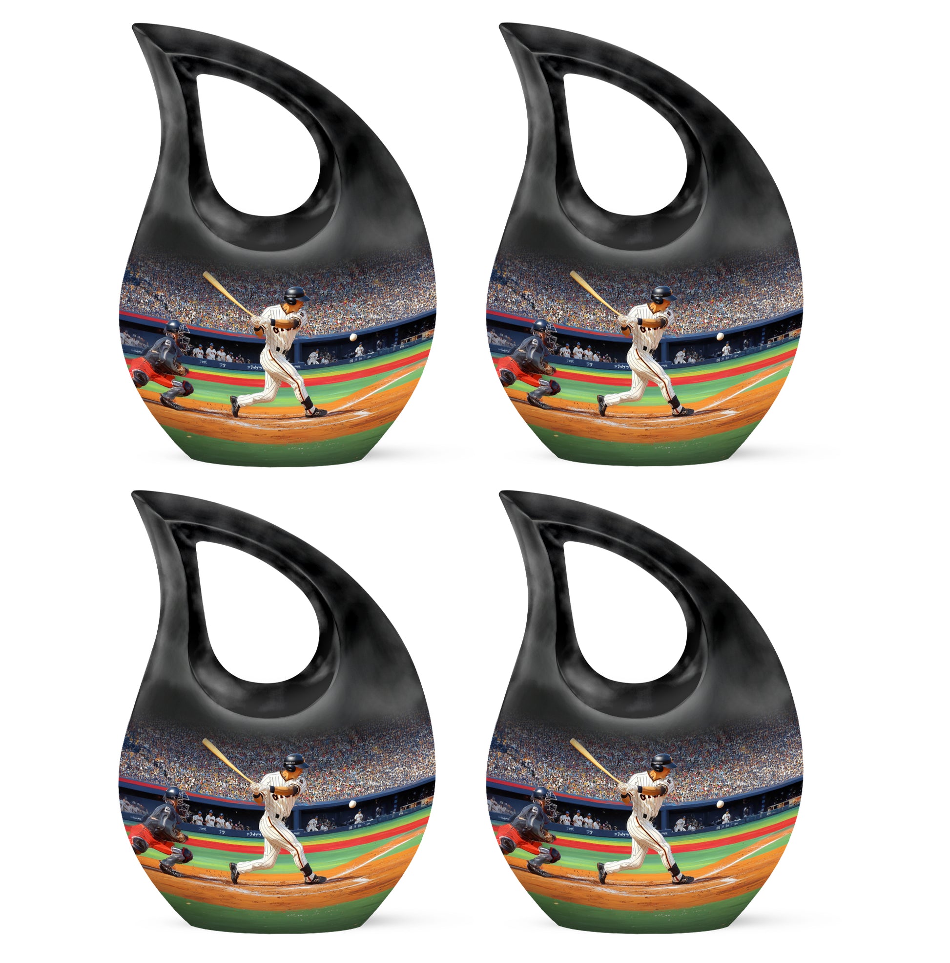 Onyx Black Baseball Cremation Urn lifestyle display on memorial shelf - faith-inspired cross-drop urn with baseball pattern - 10 inch aluminum urn for cremated remains