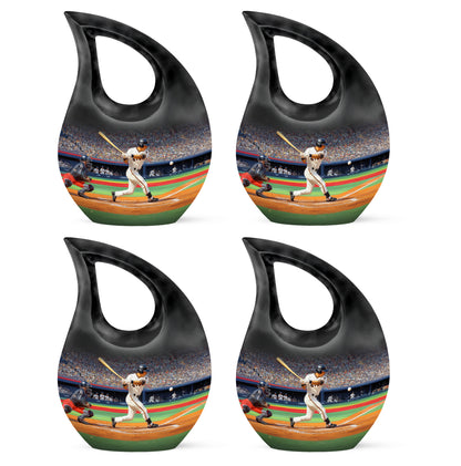 Onyx Black Baseball Cremation Urn lifestyle display on memorial shelf - faith-inspired cross-drop urn with baseball pattern - 10 inch aluminum urn for cremated remains