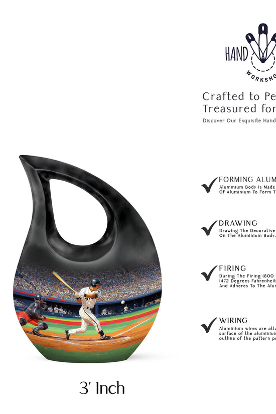 Midnight Black Baseball Cremation Urn back view with polished surface - devotional cross-drop baseball engraving - mini keepsake memorial for portion of cremation ashes