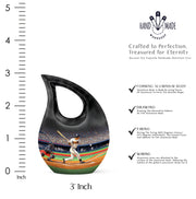 Midnight Black Baseball Cremation Urn back view with polished surface - devotional cross-drop baseball engraving - mini keepsake memorial for portion of cremation ashes
