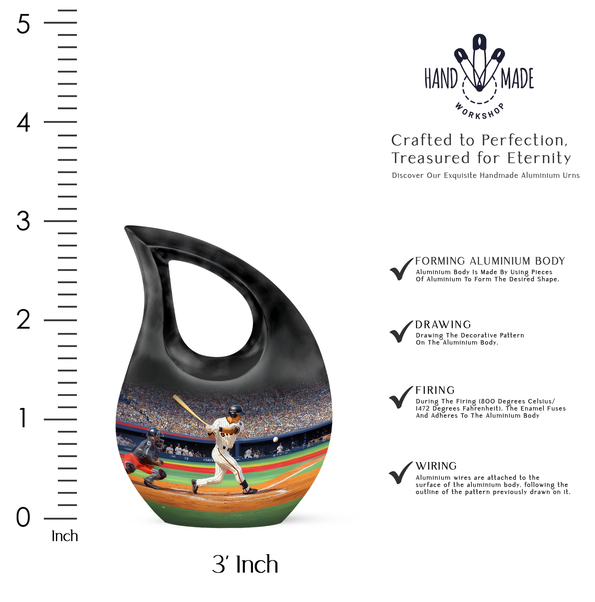 Midnight Black Baseball Cremation Urn back view with polished surface - devotional cross-drop baseball engraving - mini keepsake memorial for portion of cremation ashes