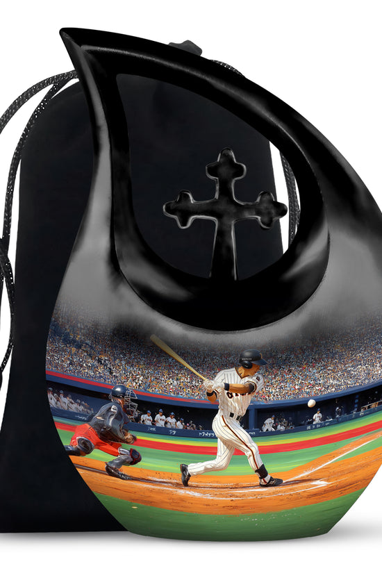 Charcoal Black Baseball Cremation Urn top-down view of secure threaded lid - devotional cross-drop baseball engraving - full-size 10 inch 200 cubic inch adult cremation urn