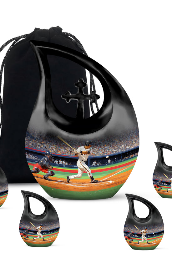 Onyx Black Baseball Cremation Urn urn with complimentary velvet bag - devotional cross-drop baseball engraving - memorial set with one large and four small urns