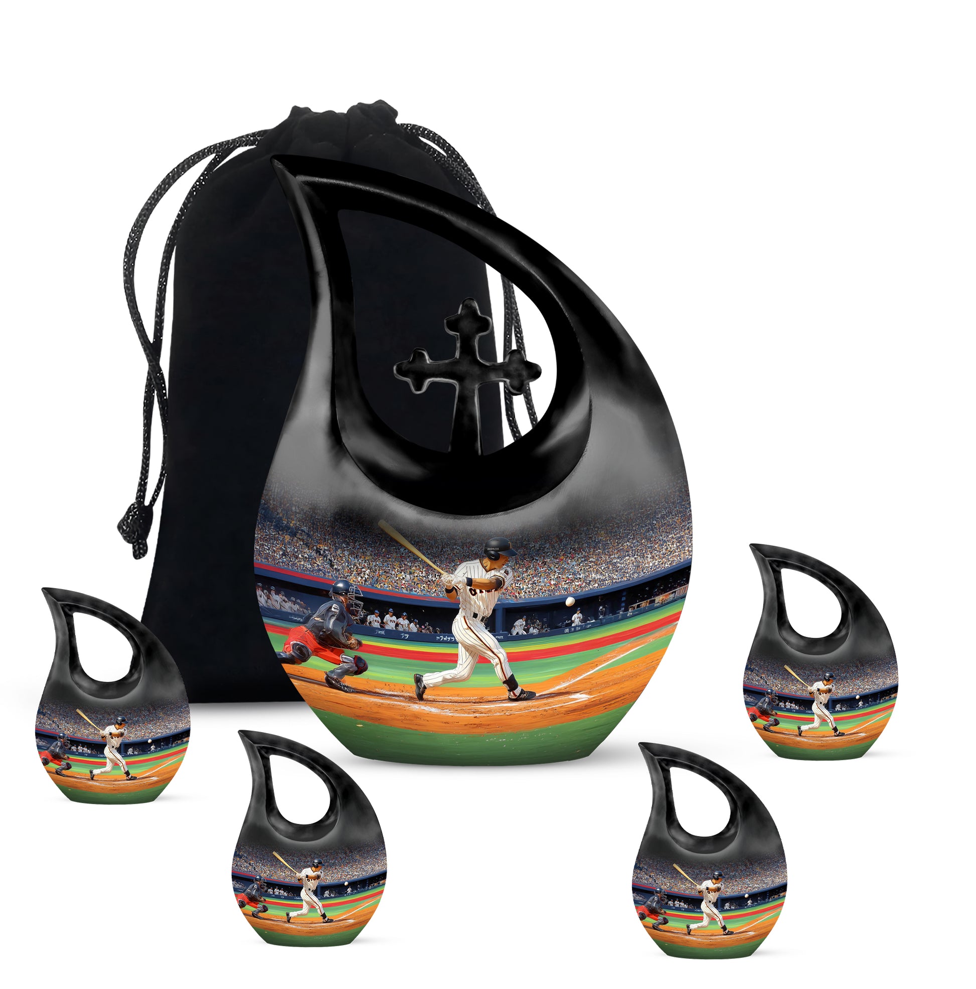 Onyx Black Baseball Cremation Urn urn with complimentary velvet bag - devotional cross-drop baseball engraving - memorial set with one large and four small urns