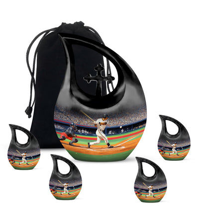 Onyx Black Baseball Cremation Urn urn with complimentary velvet bag - devotional cross-drop baseball engraving - memorial set with one large and four small urns