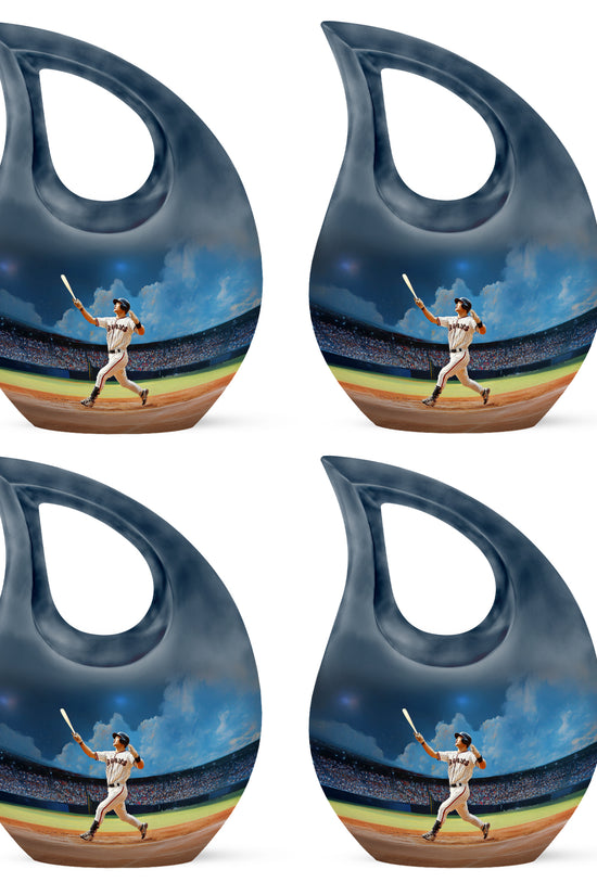 Serene Blue Baseball Cremation Urn lifestyle display on memorial shelf - faith-inspired cross-drop urn with baseball pattern - 10 inch aluminum urn for cremated remains