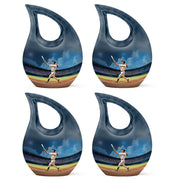 Serene Blue Baseball Cremation Urn lifestyle display on memorial shelf - faith-inspired cross-drop urn with baseball pattern - 10 inch aluminum urn for cremated remains
