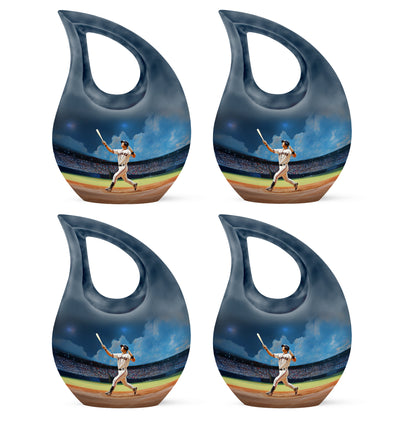 Serene Blue Baseball Cremation Urn lifestyle display on memorial shelf - faith-inspired cross-drop urn with baseball pattern - 10 inch aluminum urn for cremated remains