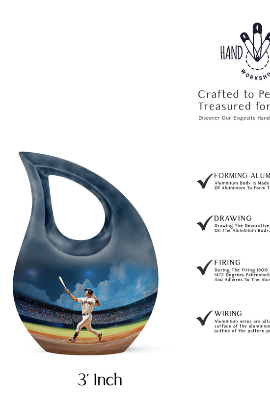 Cornflower Blue Baseball Cremation Urn back view with polished surface - devotional cross-drop baseball engraving - mini keepsake memorial for portion of cremation ashes