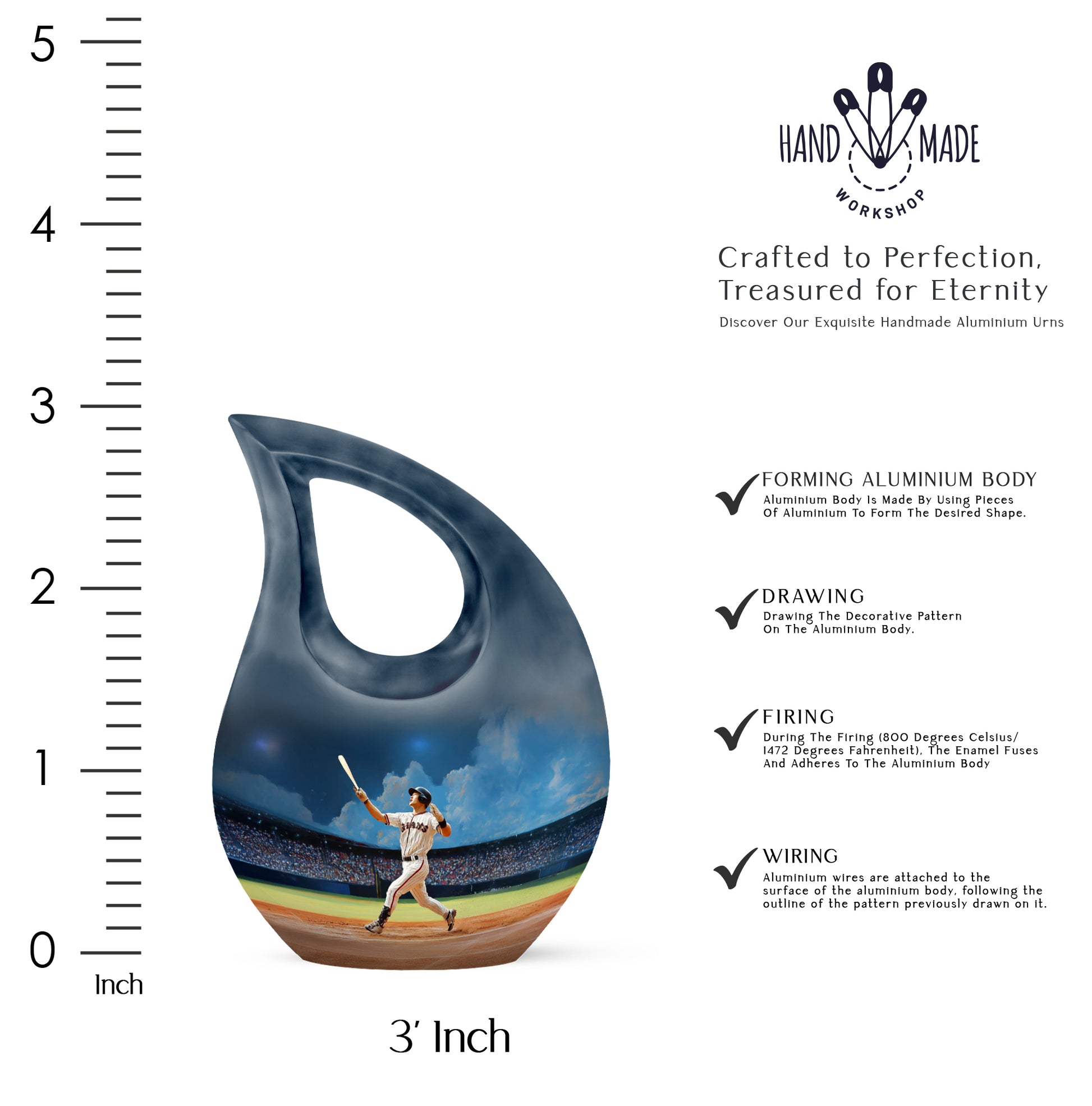 Cornflower Blue Baseball Cremation Urn back view with polished surface - devotional cross-drop baseball engraving - mini keepsake memorial for portion of cremation ashes