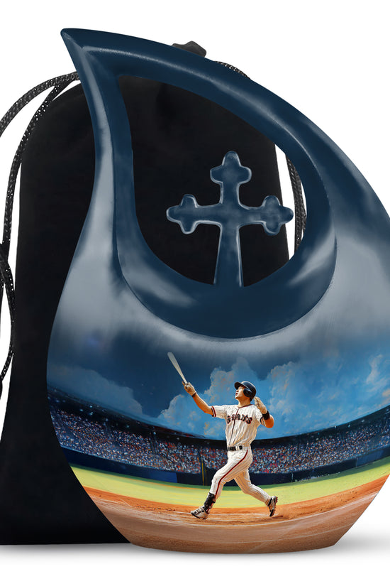 Slate Blue Baseball Cremation Urn top-down view of secure threaded lid - cross and baseball combined in spiritual memorial design - full-size 10 inch 200 cubic inch adult cremation urn