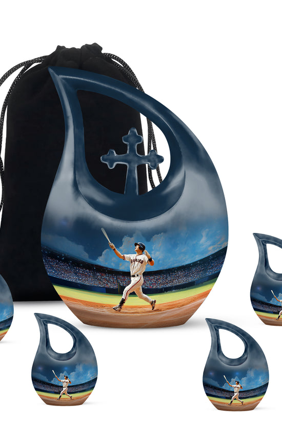 Cornflower Blue Baseball Cremation Urn urn with complimentary velvet bag - faith-inspired cross-drop urn with baseball pattern - memorial set with one large and four small urns