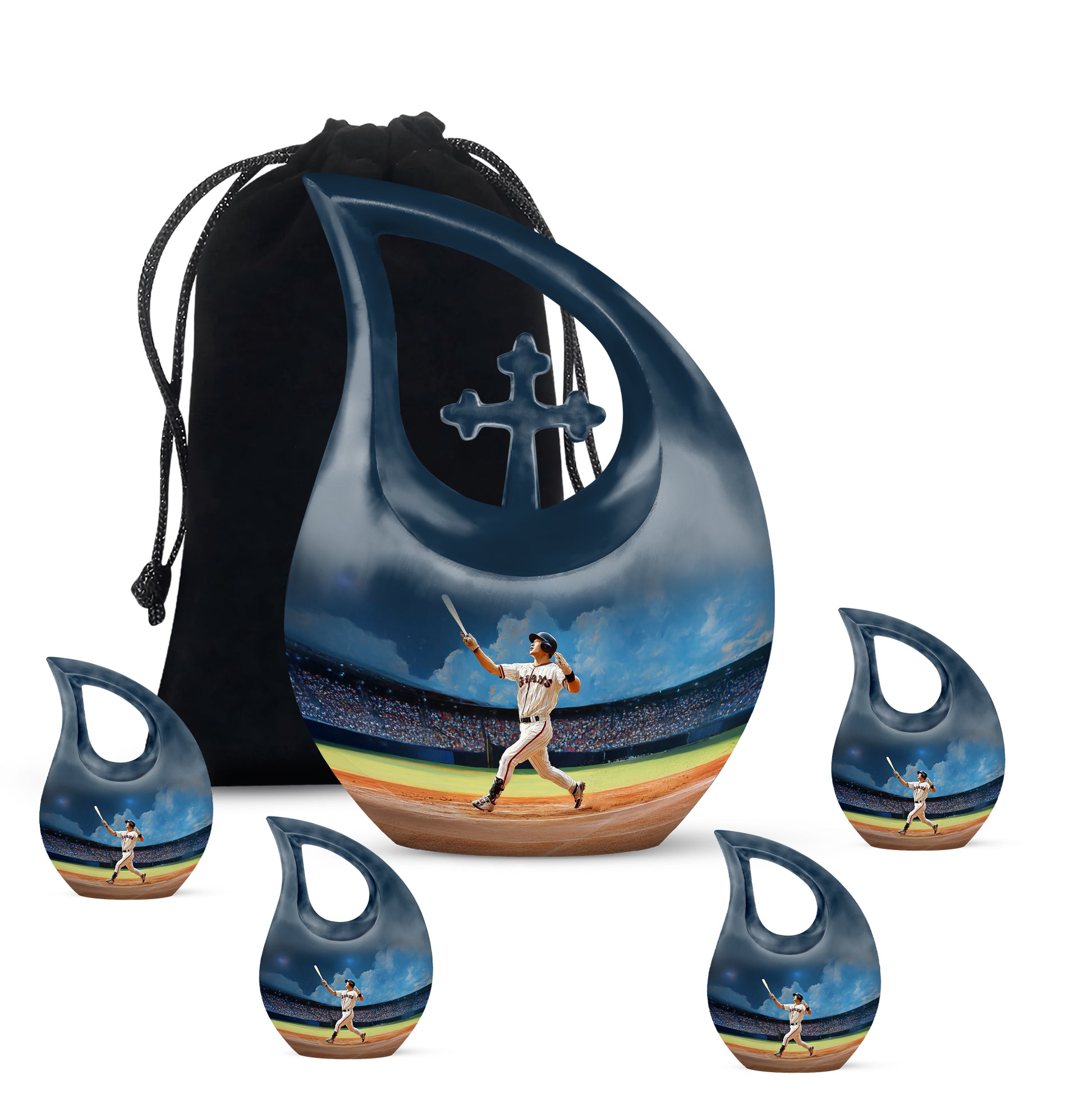 Cornflower Blue Baseball Cremation Urn urn with complimentary velvet bag - faith-inspired cross-drop urn with baseball pattern - memorial set with one large and four small urns
