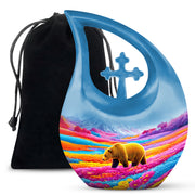 Brown Bear Funeral Urn - Colorful Flower Field Memorial Urn For Human Ashes