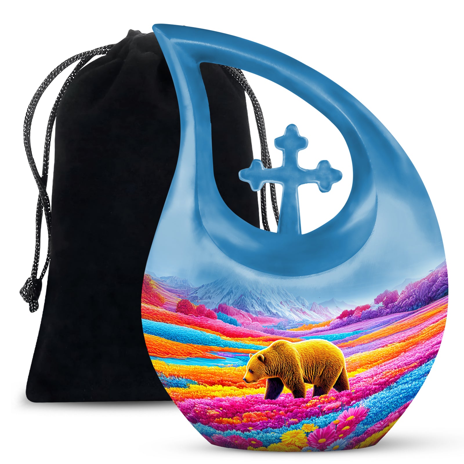 Brown Bear Funeral Urn - Colorful Flower Field Memorial Urn For Human Ashes
