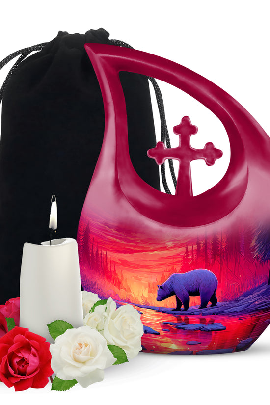 Red Sunset Bear Cremation Urn - Forest Landscape Urn For Loved Ones
