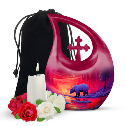 Red Sunset Bear Cremation Urn - Forest Landscape Urn For Loved Ones