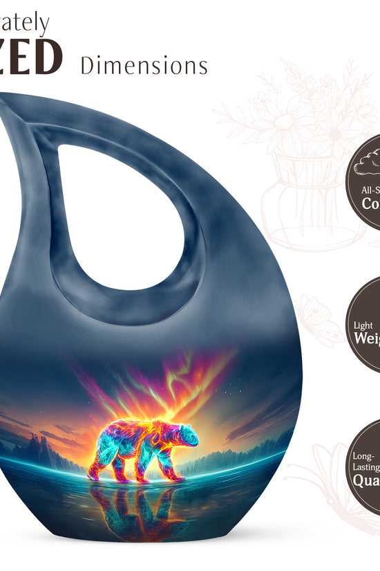 Indigo Bear Cremation Urn back view with polished surface - cross and bear combined in spiritual memorial design - mini keepsake memorial for portion of cremation ashes