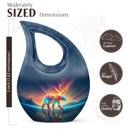 Indigo Bear Cremation Urn back view with polished surface - cross and bear combined in spiritual memorial design - mini keepsake memorial for portion of cremation ashes