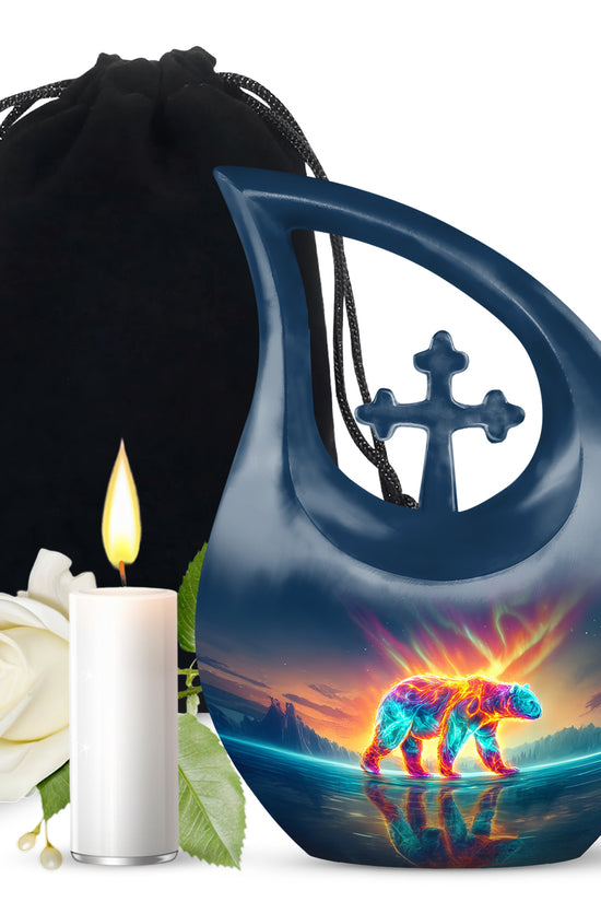 Celestial Blue Bear Cremation Urn top-down view of secure threaded lid - sacred cross merged with bear motif on metal - full-size 10 inch 200 cubic inch adult cremation urn