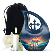 Celestial Blue Bear Cremation Urn top-down view of secure threaded lid - sacred cross merged with bear motif on metal - full-size 10 inch 200 cubic inch adult cremation urn