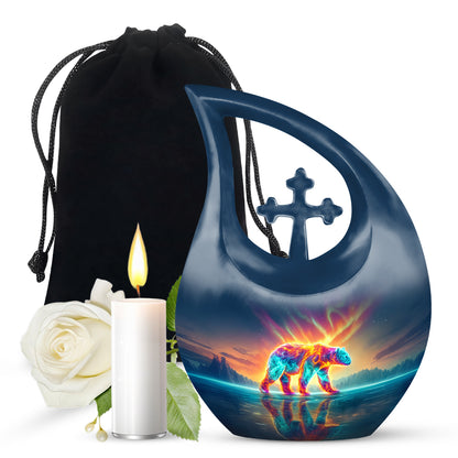 Celestial Blue Bear Cremation Urn top-down view of secure threaded lid - sacred cross merged with bear motif on metal - full-size 10 inch 200 cubic inch adult cremation urn