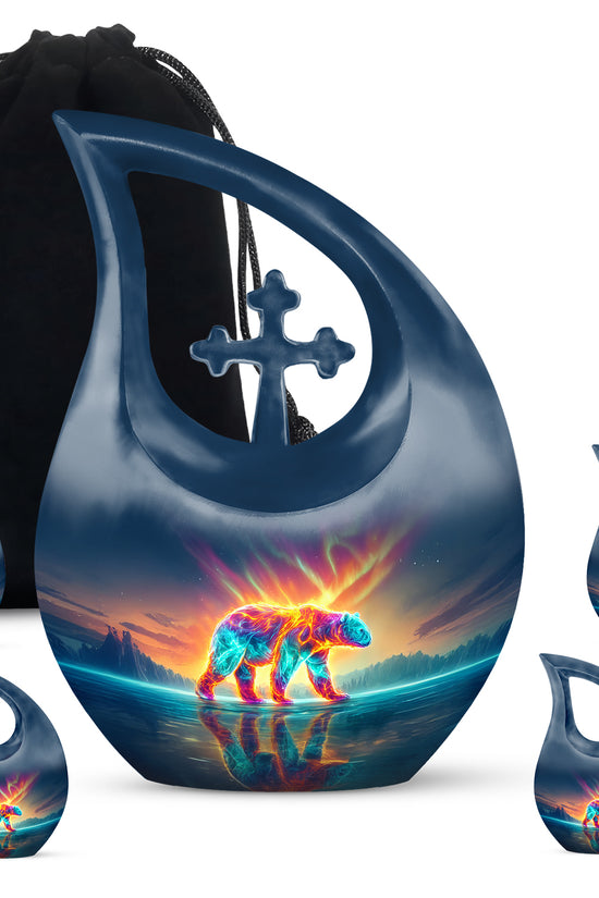Serene Blue Bear Cremation Urn urn with complimentary velvet bag - devotional cross-drop bear engraving - memorial set with one large and four small urns
