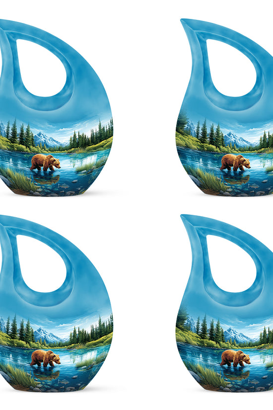 Vivid Blue Bear Cremation Urn lifestyle display on memorial shelf - faith-inspired cross-drop urn with bear pattern - 10 inch aluminum urn for cremated remains