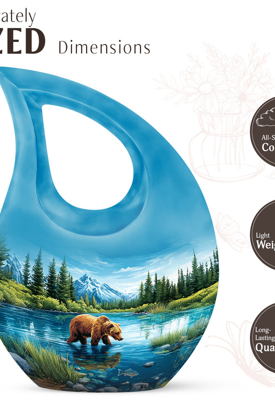 Dusty Blue Bear Cremation Urn back view with polished surface - cross and bear combined in spiritual memorial design - mini keepsake memorial for portion of cremation ashes