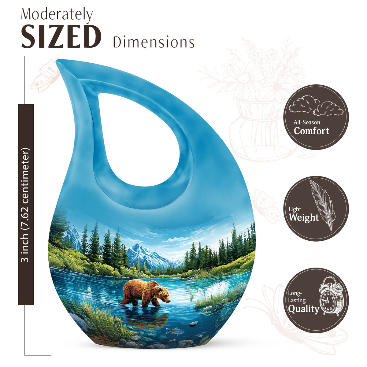 Dusty Blue Bear Cremation Urn back view with polished surface - cross and bear combined in spiritual memorial design - mini keepsake memorial for portion of cremation ashes