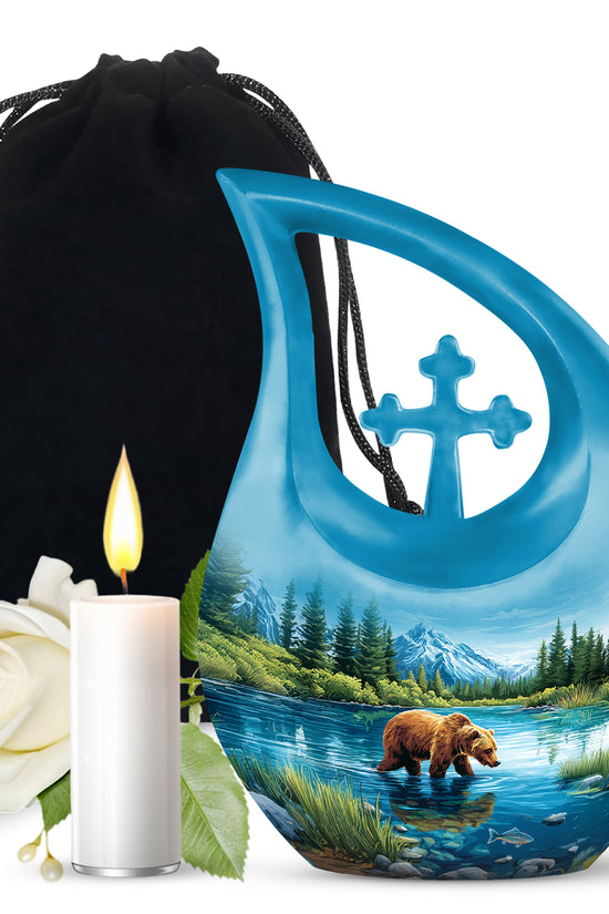 Soft Blue Bear Cremation Urn top-down view of secure threaded lid - devotional cross-drop bear engraving - full-size 10 inch 200 cubic inch adult cremation urn