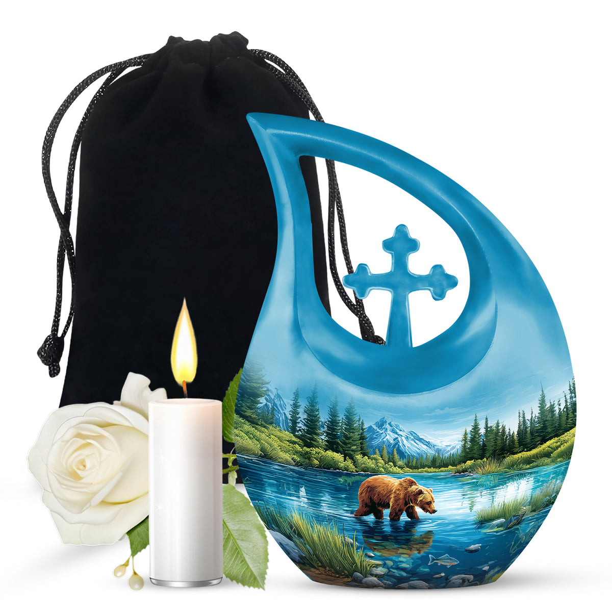 Soft Blue Bear Cremation Urn top-down view of secure threaded lid - devotional cross-drop bear engraving - full-size 10 inch 200 cubic inch adult cremation urn